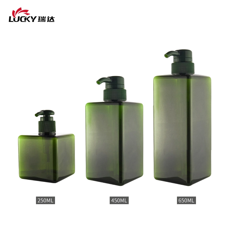 Wholesale 250ml 450ml 650ml Green Amber PETG Cosmetic Packaging Bottle Plastic Square Shampoo Empty Lotion Pump Bottle